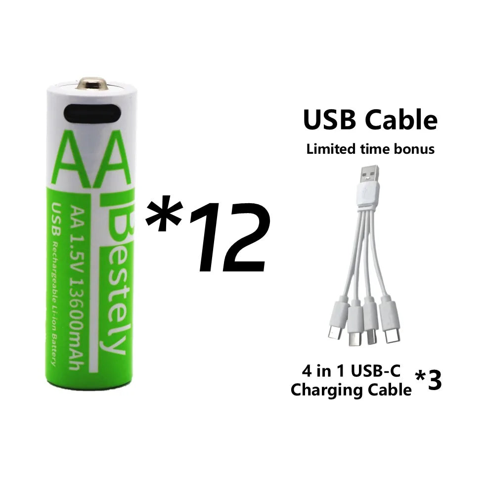 Rscrola 13600mAh AA Rechargeable Batteries USB-C Charging