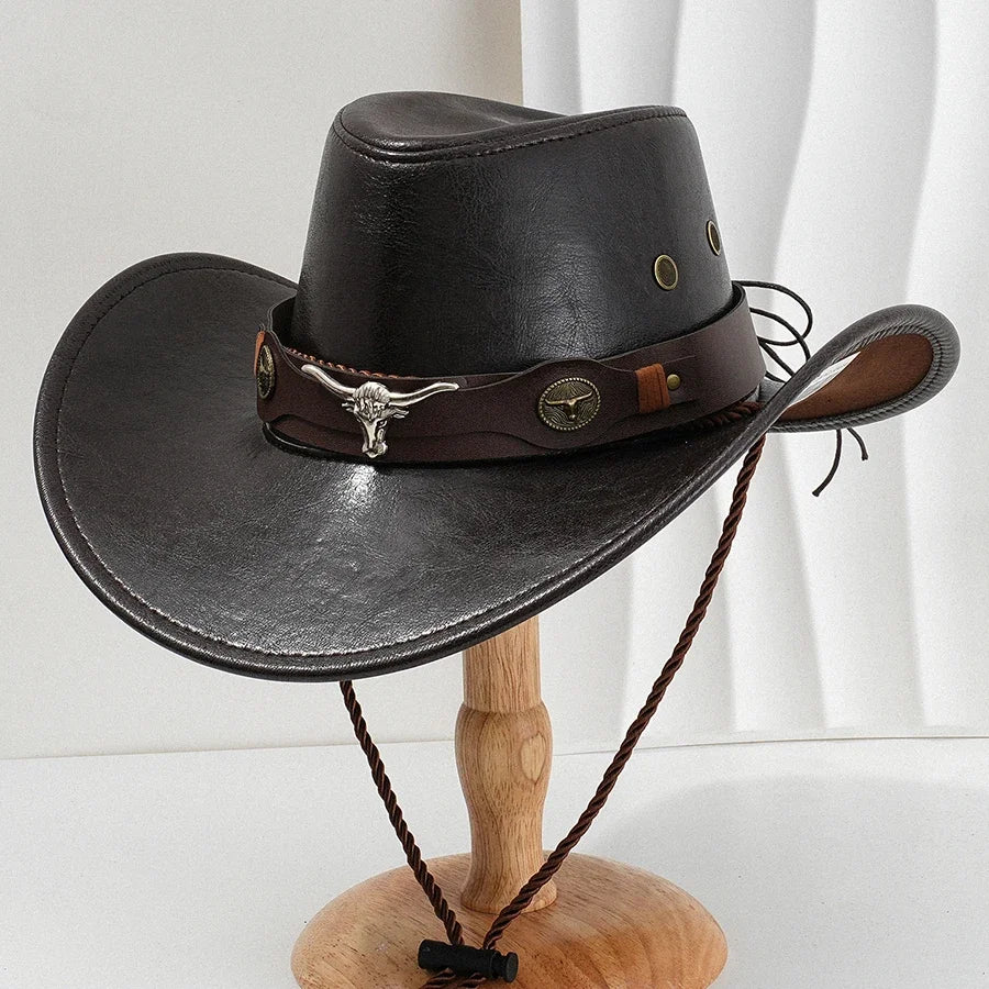 Unisex Vintage Faux Leather Western Cowboy Hat Outdoor Gentleman Cowgirl Jazz Cap Sombrero Hombre Cowboy Hat Oasis Select