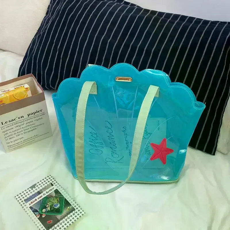 Korean Fashion PVC Shell Shoulder Bag Ins Style Girly Blue Transparent Handbag Female Waterproof Portable Tote Bags Oasis Select