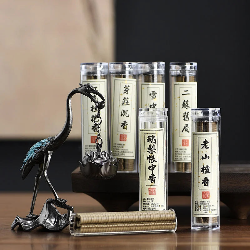 Crane Incense Burner and 5 Tubes Natural Disk Incense Set,Includes 5 Scents Agarwood & Goose Pear Tent & Sandalwood & Ambergris Oasis Select