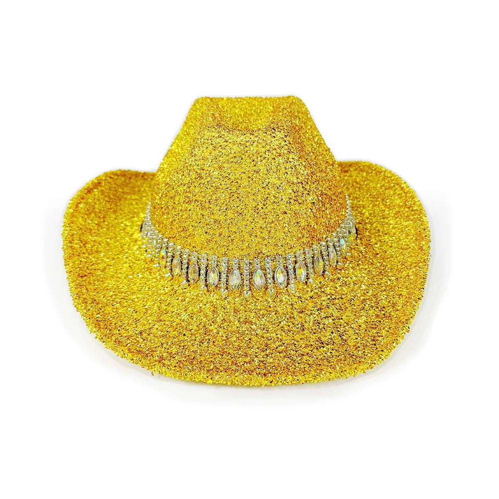 Women's Cowgirl Hat Stylish Rhinestone Design Sun Hat Wide Brim Western Cap for Party& Daily Life Oasis Select Gold 2
