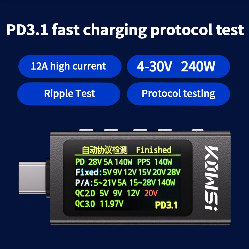 KWS-X1 4V-30V 12A Voltmeter Ammeter Type C Tester Fast Charge Detection Trigger Capacity Measurement Ripple Measurement Oasis Select