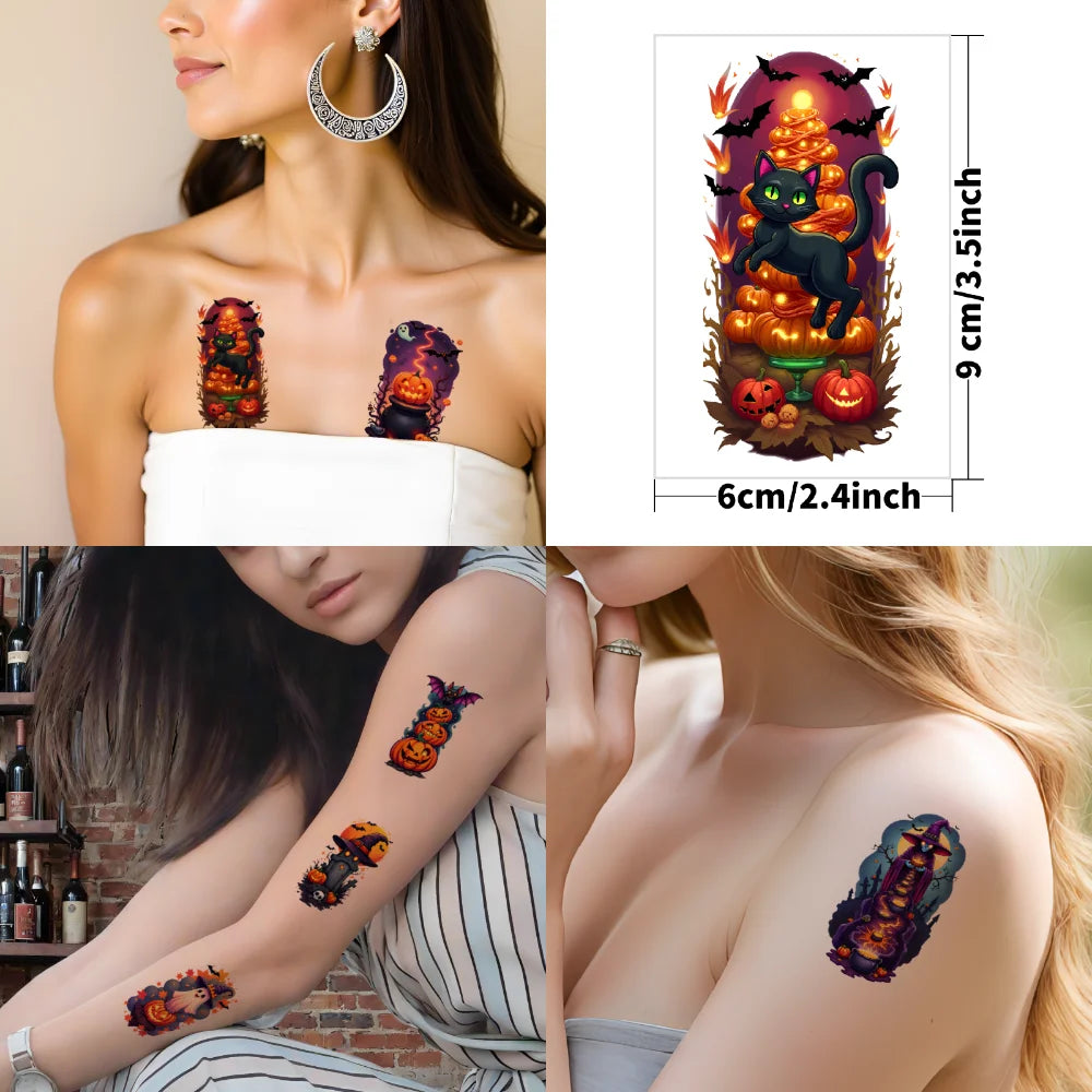 9-Piece Halloween Temporary Tattoos – Witch, Moon & Tree
