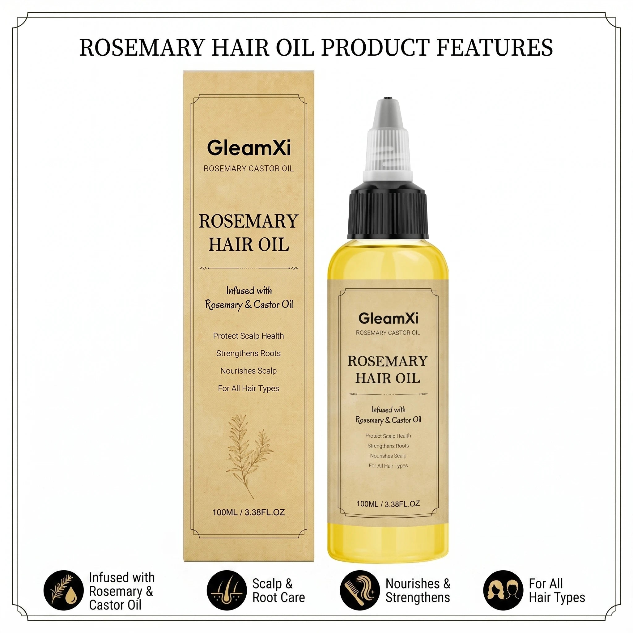 Rosemary Castor Hair Oil Strengthens Roots and Nourish Scalp Anti Hair Loss Reduce Breakage Voluminous Soft Hair Care Oasis Select