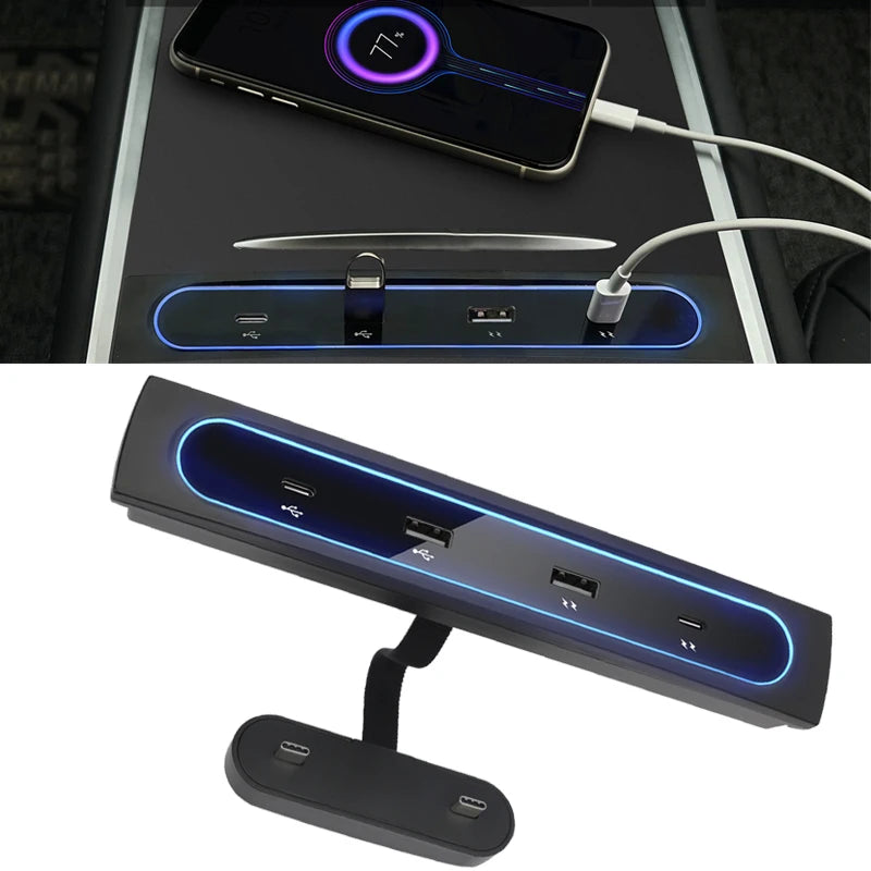 For Tesla Model 3 Y 2021 2022 27W Quick Charger USB Shunt Hub Intelligent Docking Station Car Adapter Powered Splitter Extension Oasis Select Black