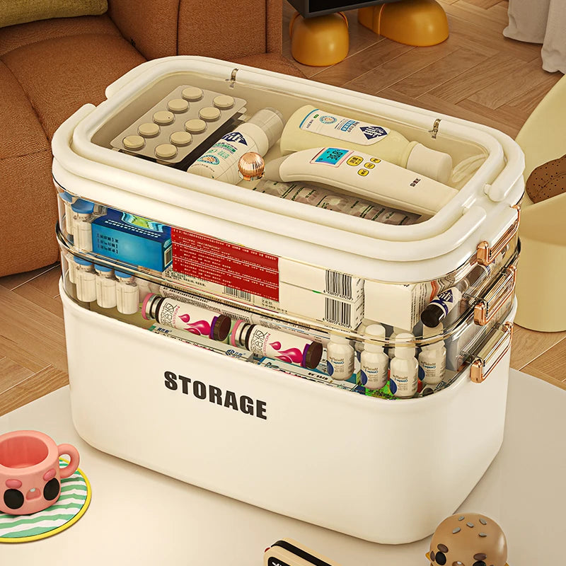 Saim First Aid Organizer Box Medical Box Transparent 3-Tier Fold Tray with Removable Pill Case Portable Lockable First Aid Conta Oasis Select