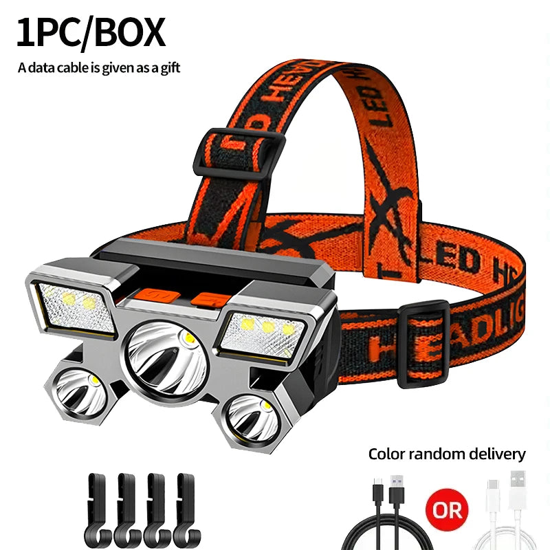 5*LED High Power Headlamp, Super Bright Rechargeable Fishing Camping Light, Long Distance Head Mounted Mining Lamp, Flashlight Oasis Select Red with hook