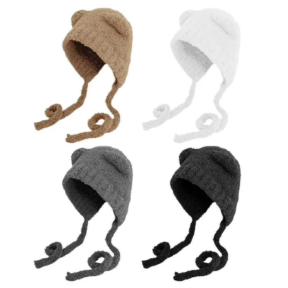 NEW Winter Plush Beanies Cute Bear Ear Wool Hat for Women Girls Cute Ear Muffs Windproof Knitted Cap For Cold Weather Oasis Select
