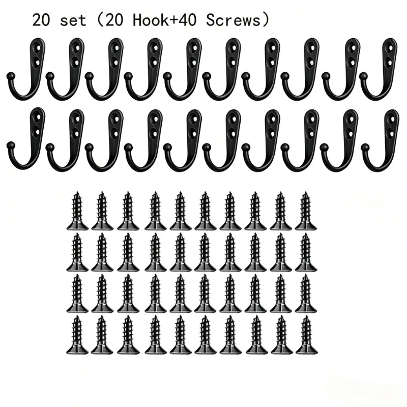 10/20/50 Set Heavy Duty Alloy Wall Hooks with Screws, Metal Coat Hook for Garden Garage Storage, Wall Mounted for Tools Hangers Oasis Select 20 set black