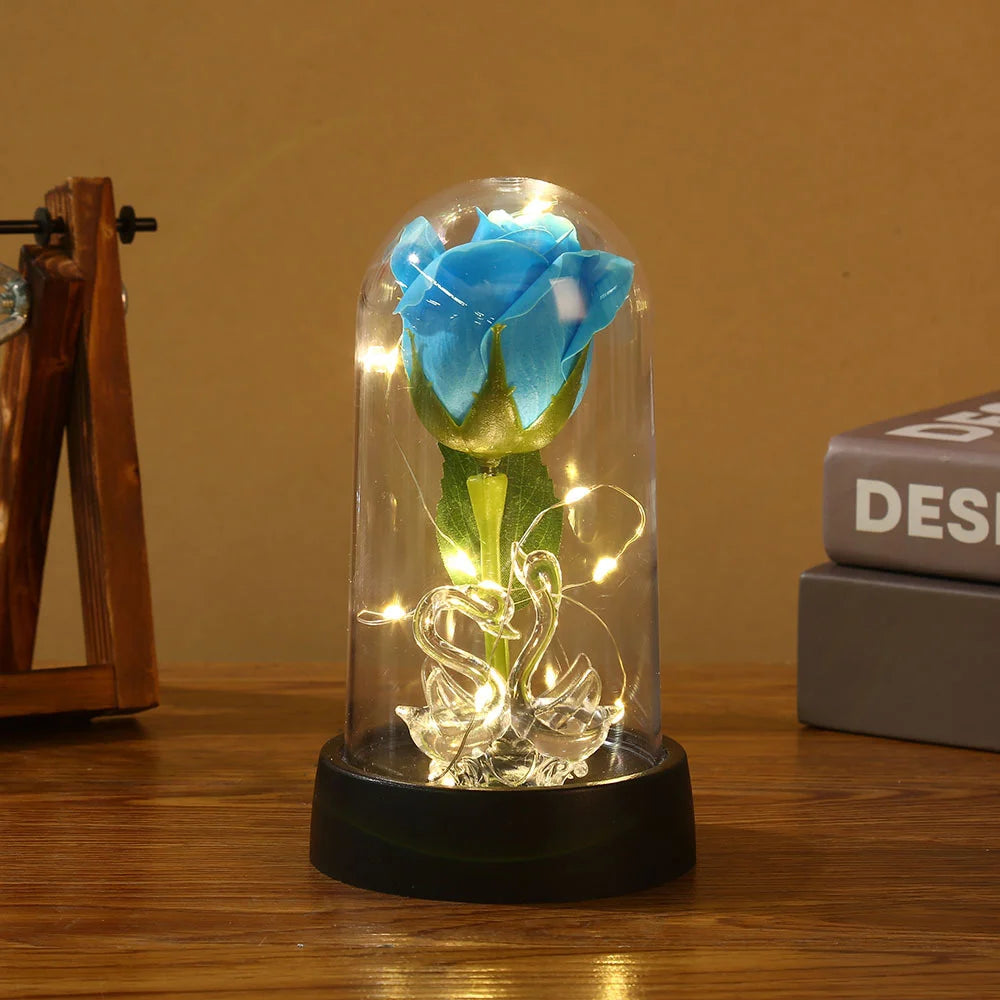 Enchanted Beauty And The Beast Rose Flower with Black Base LED Light In Glass Dome Valentine Christmas Gift Wedding Home Decor Oasis Select Blue