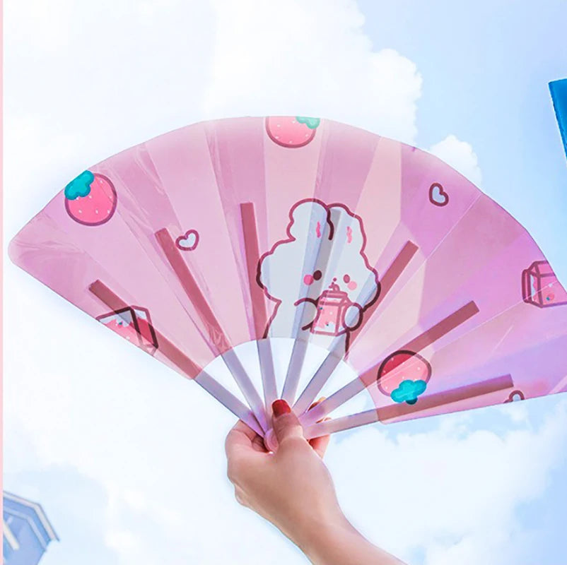 Cartoon Hand Crank Cool Fan Creative Summer Small Fresh Cute Portable Folding Fan PP Plastic Folding Fan for Student Children Oasis Select