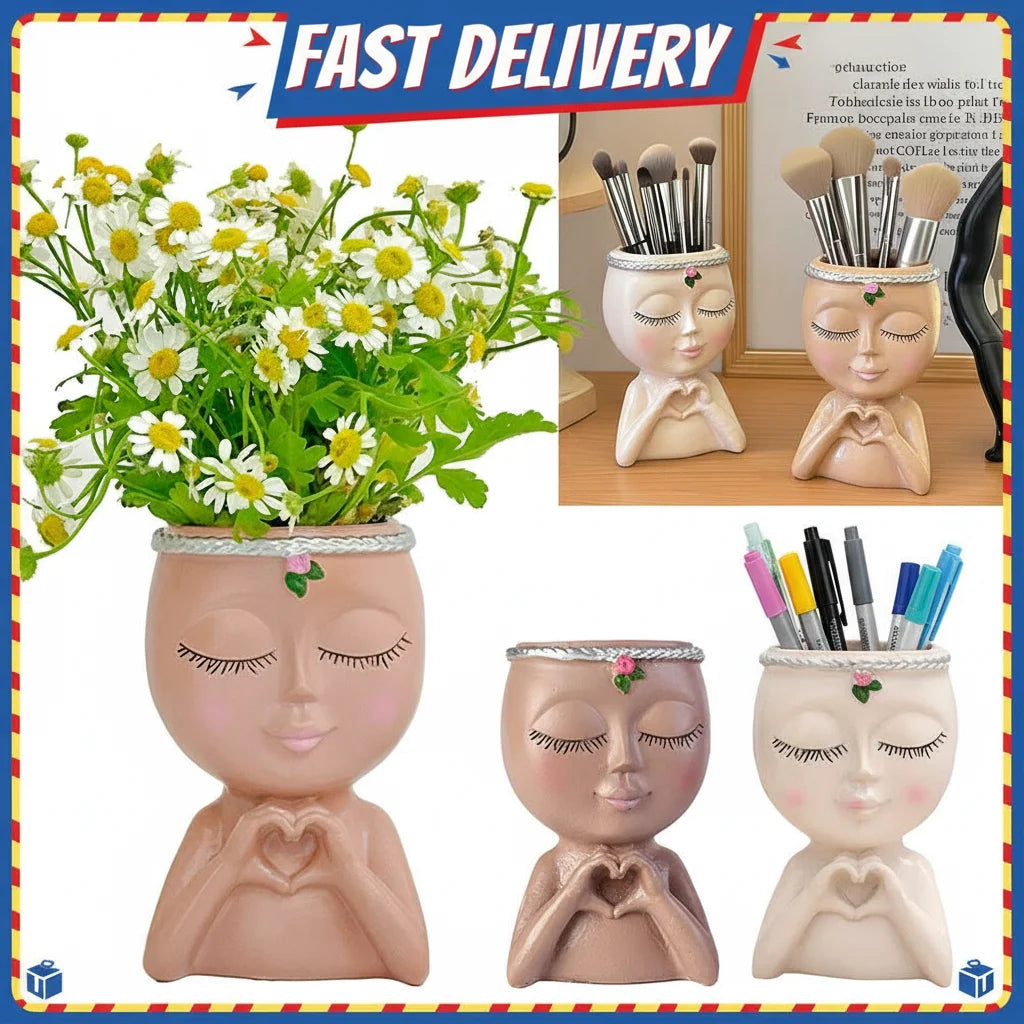 Resin Girl Face Planter – Cute Succulent Pot with Drainage Hole