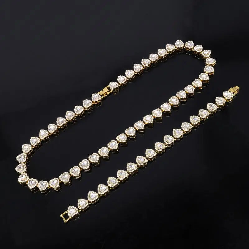 45CM New Hip Hop Tennis Chain Bracelet Necklace Shiny Heart Rhinestone CZ Fashion Rock Party Jewelry Oasis Select