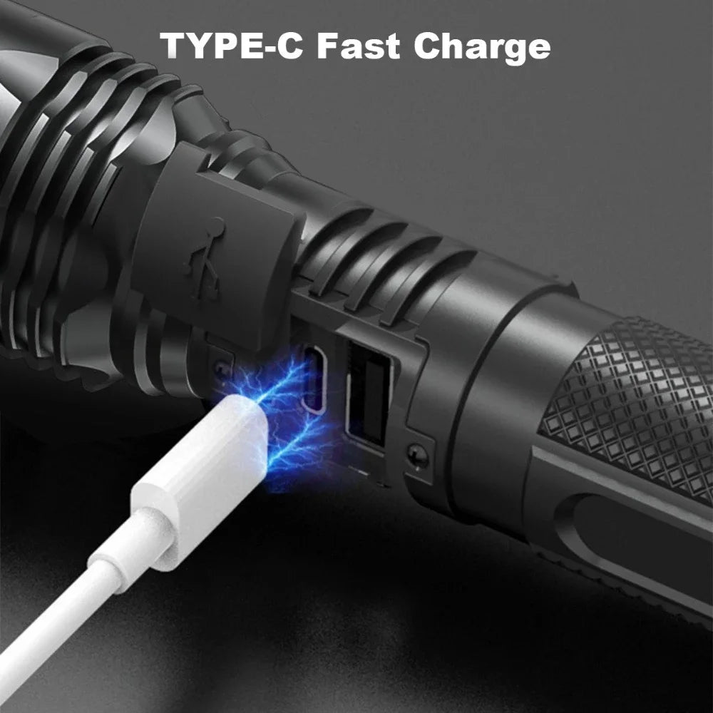 High Power LED Flashlight Aluminum Head Heat Dissipation Telescopic Zoom Torch USB Rechargeable Flashlights with Digital Display Oasis Select