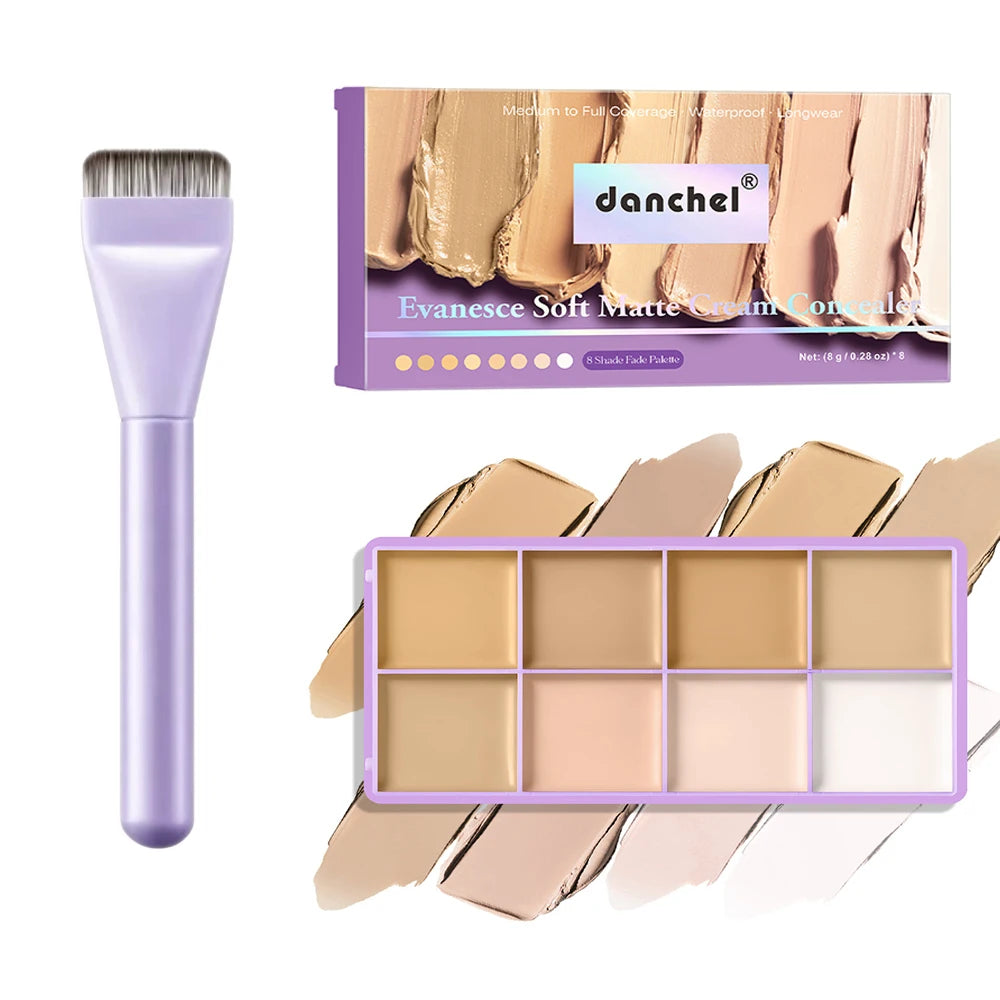 8-Color Full Coverage Matte Cream Concealer Palette & Brush