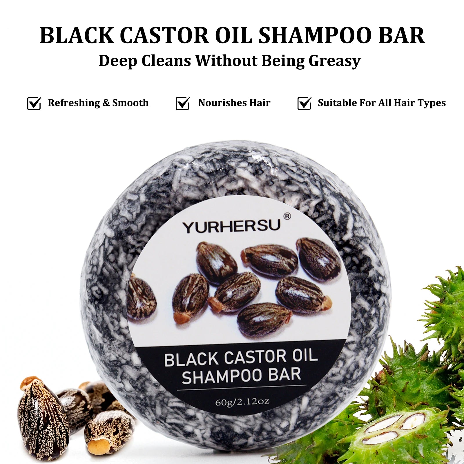 60g Black Castor Shampoo Bar 2-in-1 Shampoo and Conditioner, made with castor extract, nourishes and cares for all hair types. Oasis Select