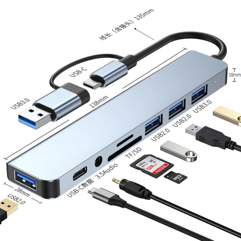 8 in 1 USB Type-C HUB with Splitter Card Reader USB 3.0 USB 2.0 SD/TF Splitter Card Reader Docking Station for HUAWEI Xiaomi PC Oasis Select 8 in 2