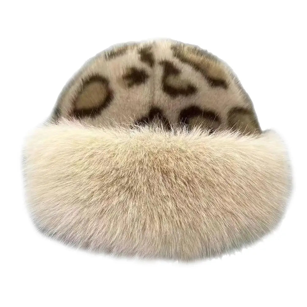 Women's Plush Leopard Print Winter Knit Hat with Pom Pom