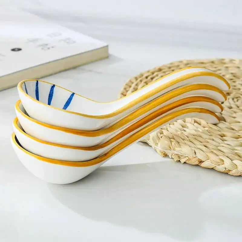 Japanese Style Spoon Ceramic Soup Spoon Daily Ceramic Soup Spoon Ramen Extended Handle Small Spoon Bent Spoon Tableware Oasis Select