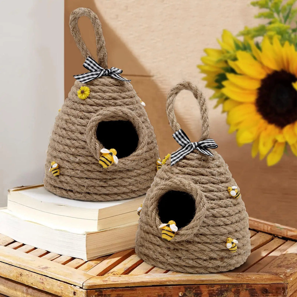Handmade Beehive Pendant Bee Hive Pendant Hand Woven Rustic Honey Bee Figurine Tiered Tray Decorations for Kitchen Porch Home Oasis Select