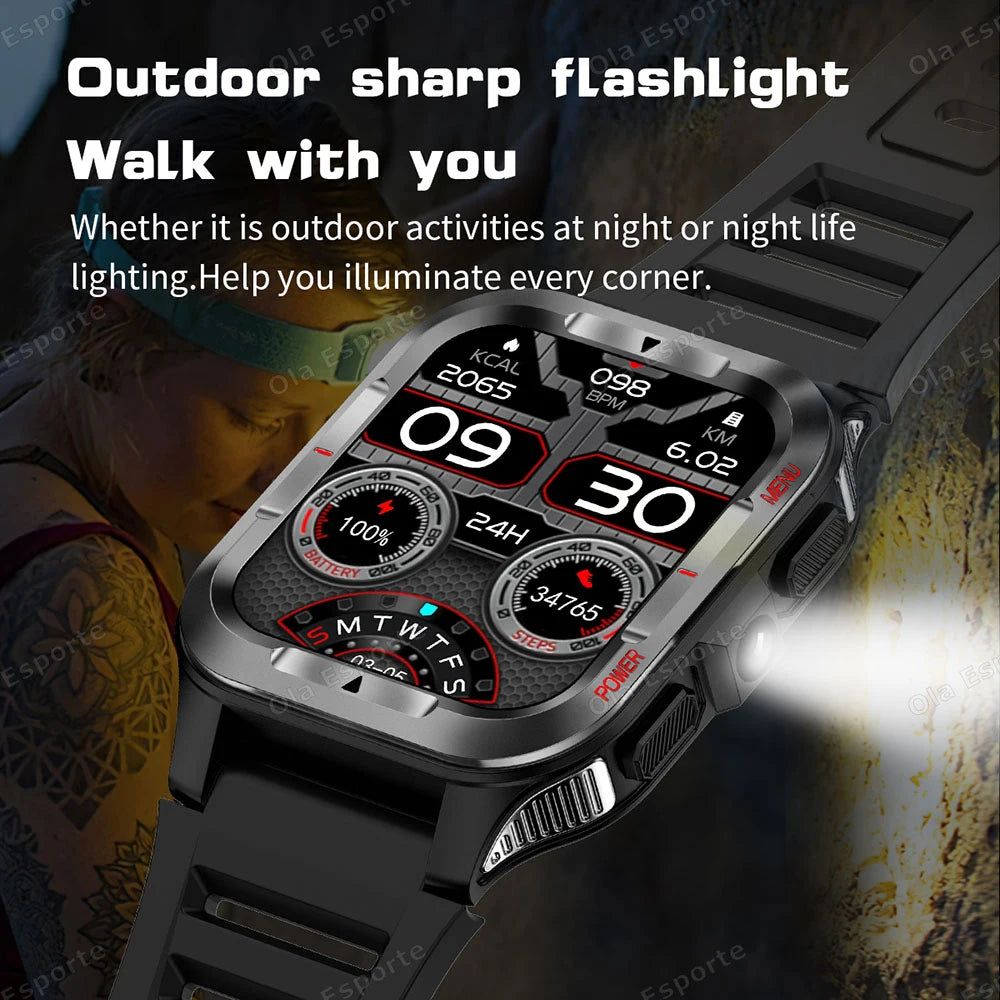 Ola Esporte Military Smart Watch 1.83" AMOLED LED Flashlight