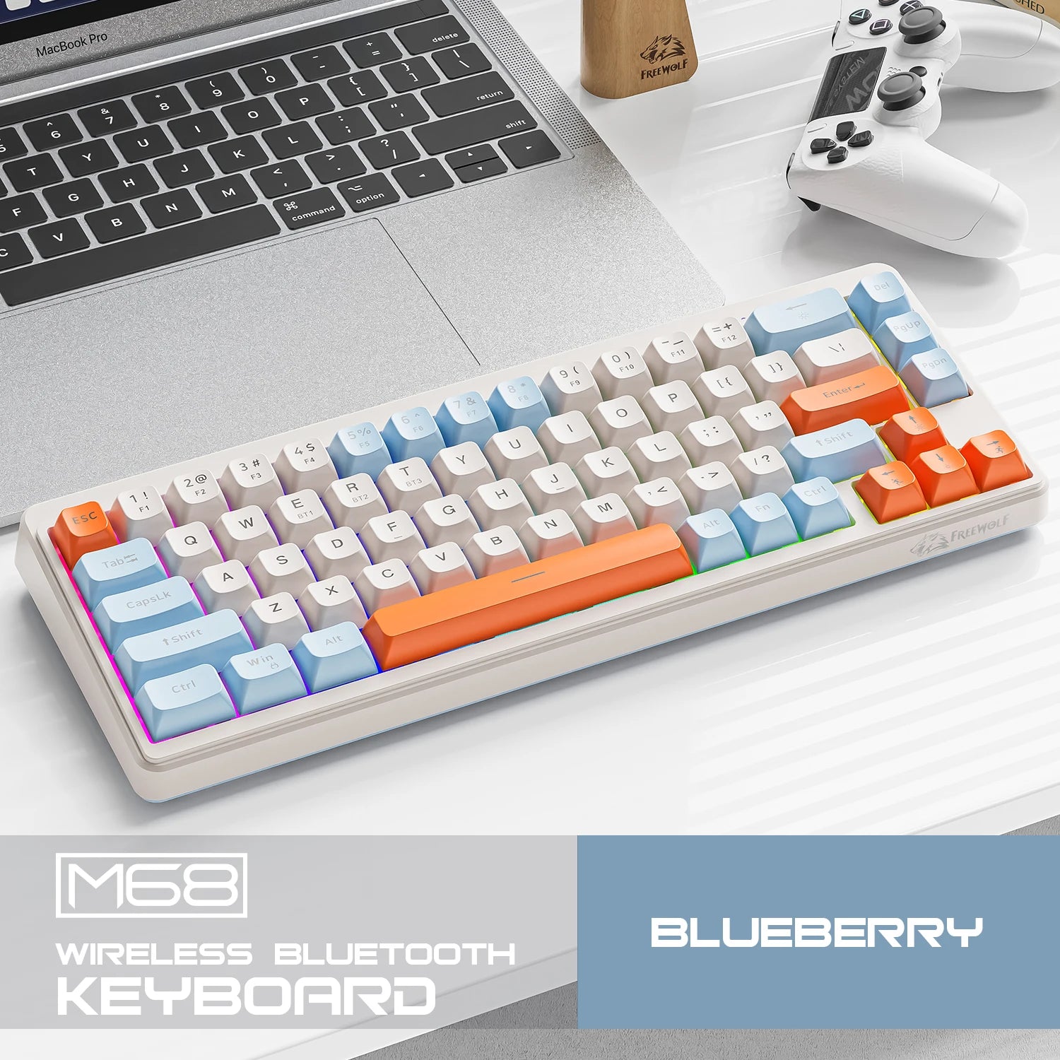 FREEWOLF M68 Three-mode BT/2.4G/Wired Keyboard, 2000mAh Battery, Colorful Rainbow Backlit, Durable PBT Keycaps, Double Leg Brace Oasis Select M68-Blueberry