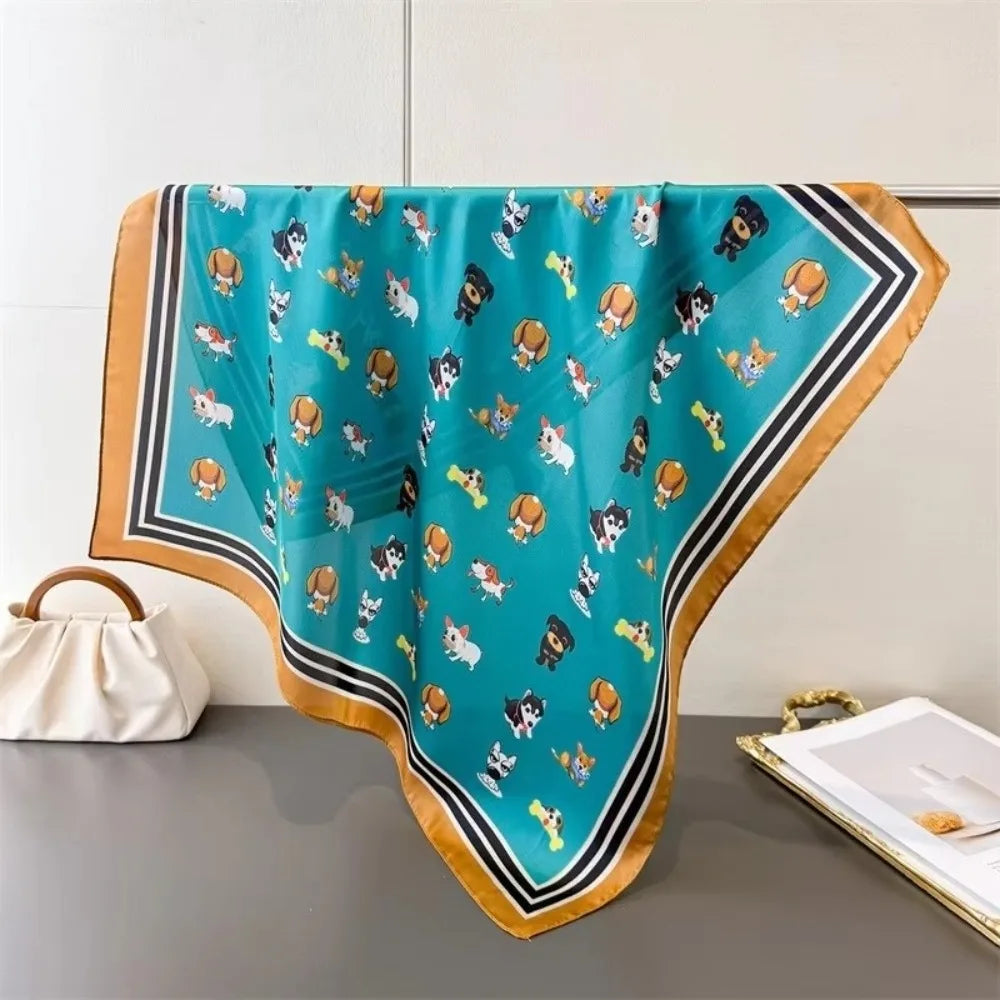 Cute 70x70cm Women Square Scarf Soft Silk Satin Cartoon Dog Print Shawl Hijab Fashion Accessory Oasis Select Green