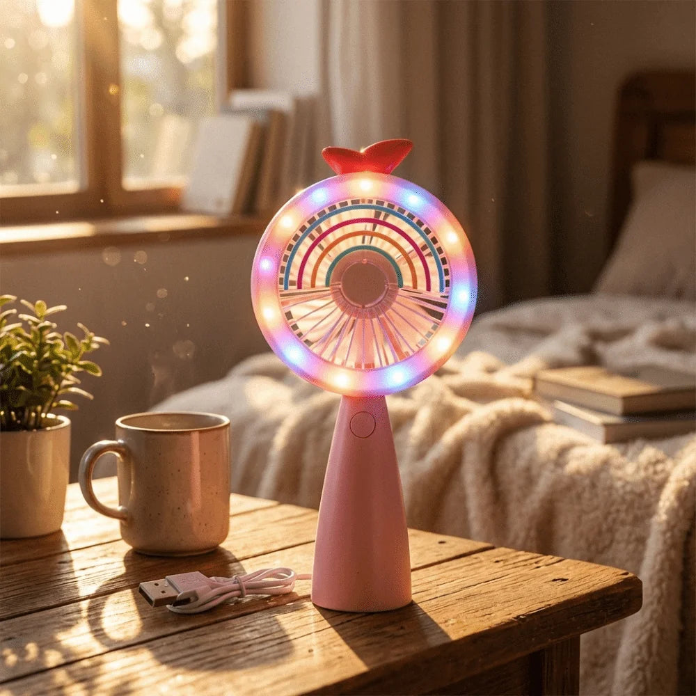 Cute Rainbow Light Portable Handheld Mini Fan Compact Design Lightweight Build Desktop Cooling Fan Stable Operation Oasis Select