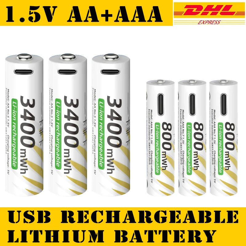 AAA and AA Rechargeable Batteries USB Lithium-ion 3400mWh 1.5V AA Rechargeable Batteries+800mWh 1.5V AAA Battery+ Type-C Cable Oasis Select