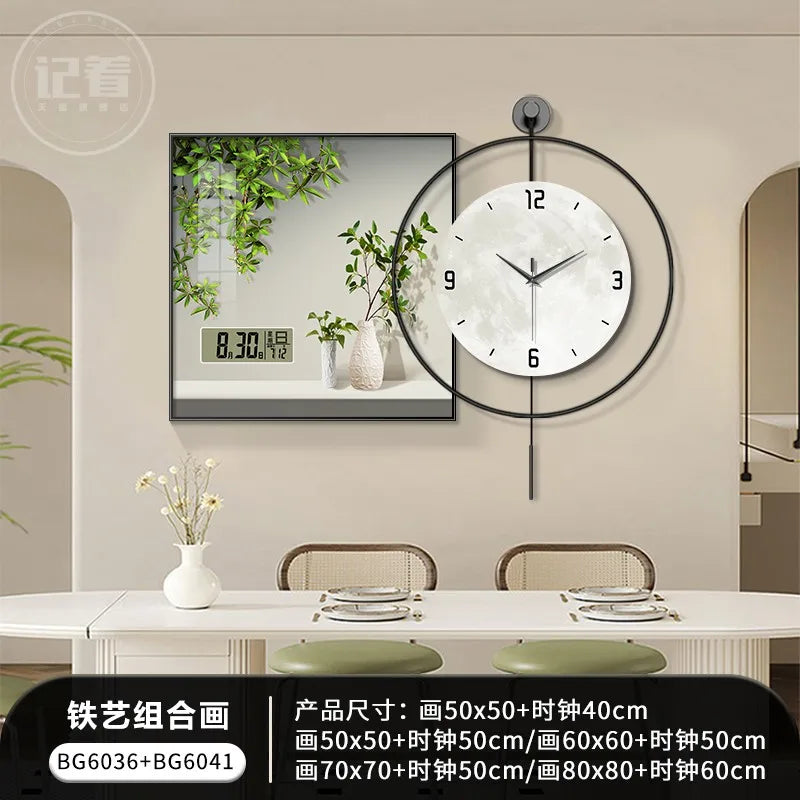 Simple Green Plant Perpetual Calendar Electronic Clock Guest Restaurant Decorative Painting Iron Combination Wall Clock Oasis Select BG6036 BG6041 60x60 clock 50cm