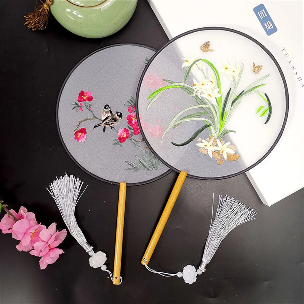 Round Double Sided Embroidery Fan Chinese Style Wooden Handle Embroidery Round Fan with Pendant Handheld Flower Silk Fan Oasis Select