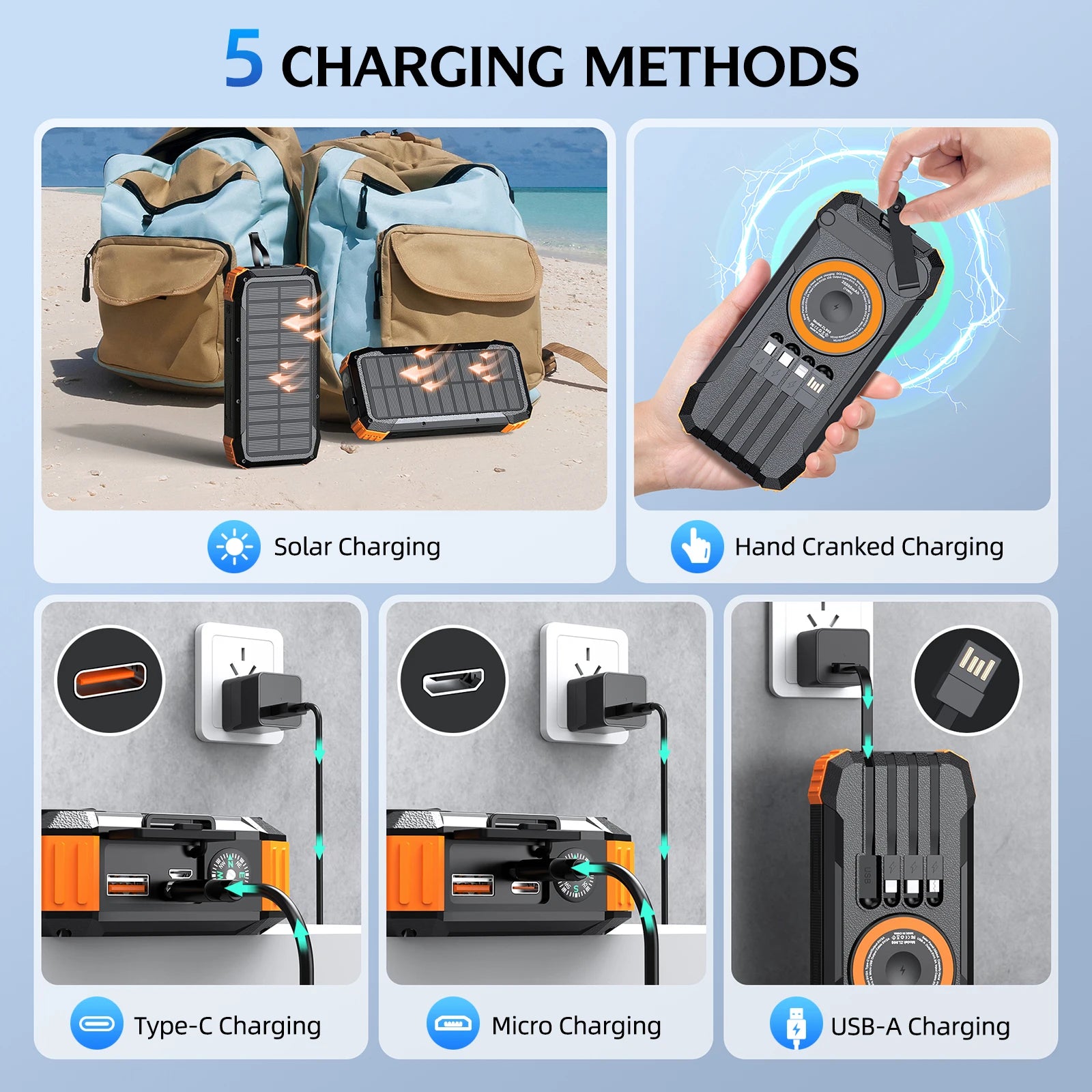 Hand Crank Solar Power Bank 80000mAh 22.5W Magnetic Wireless Fast Charging with Light & Compass for iPhone iWatch Airpods Oasis Select