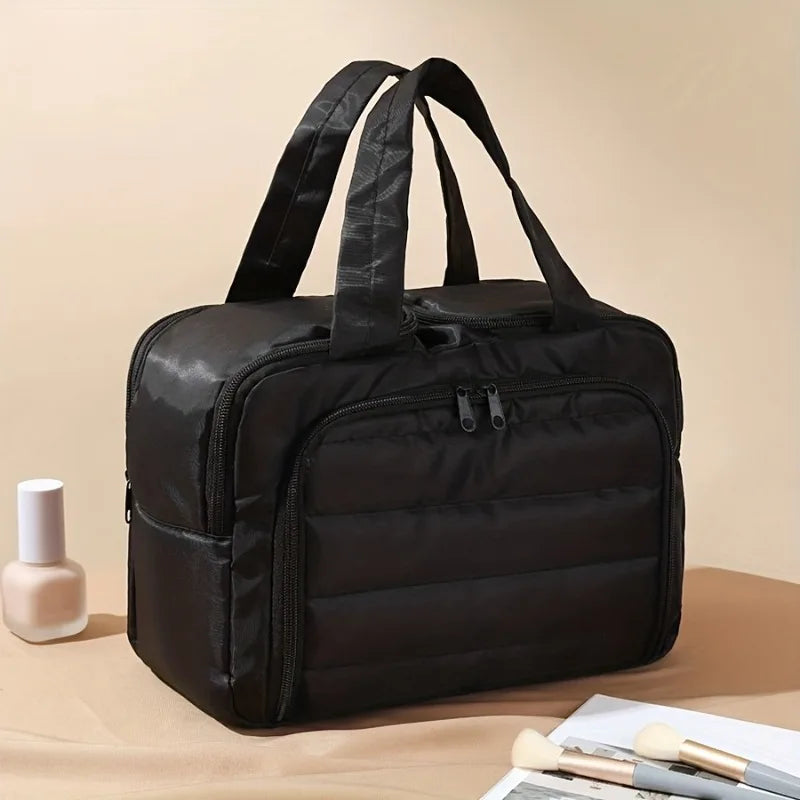 Large Capacity Quilted Makeup Bag-Portable Multi Functional Storage Bag,Layered Design, Durable Nylon,Ideal for Christmas Gifts Oasis Select black