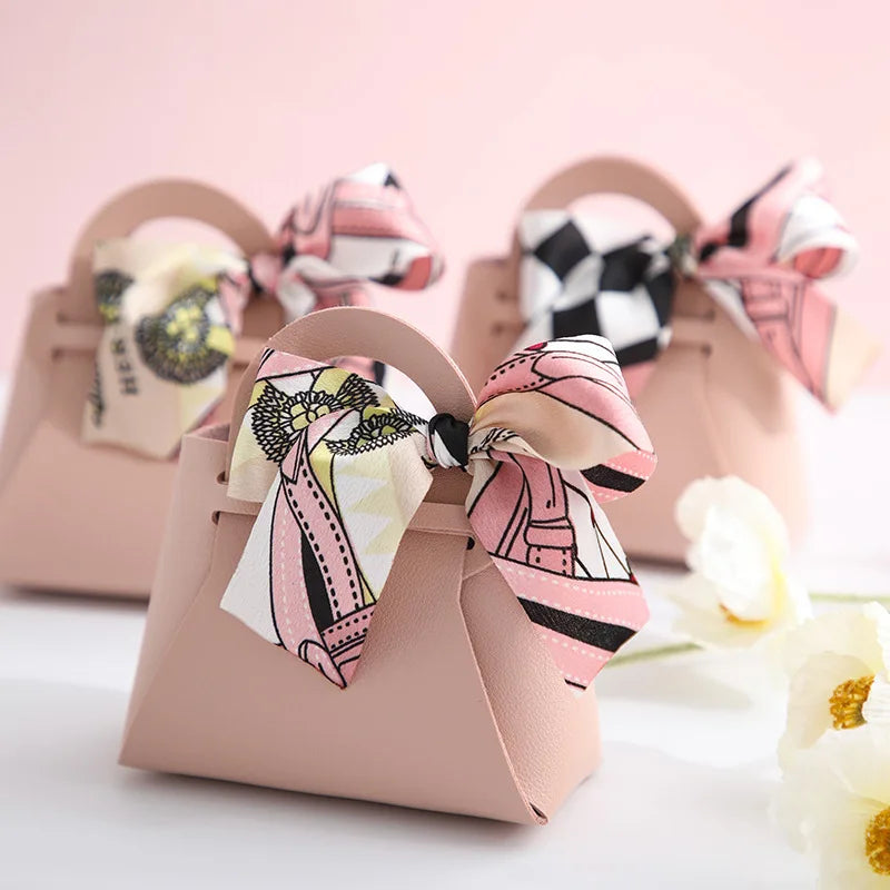 1PCS Leather Gift Bags Bow Ribbon Packaging Bag Wedding Favour Distributions Bags Eid Mubarak Candy Packaging Box Mini Handbag Oasis Select Pink Other