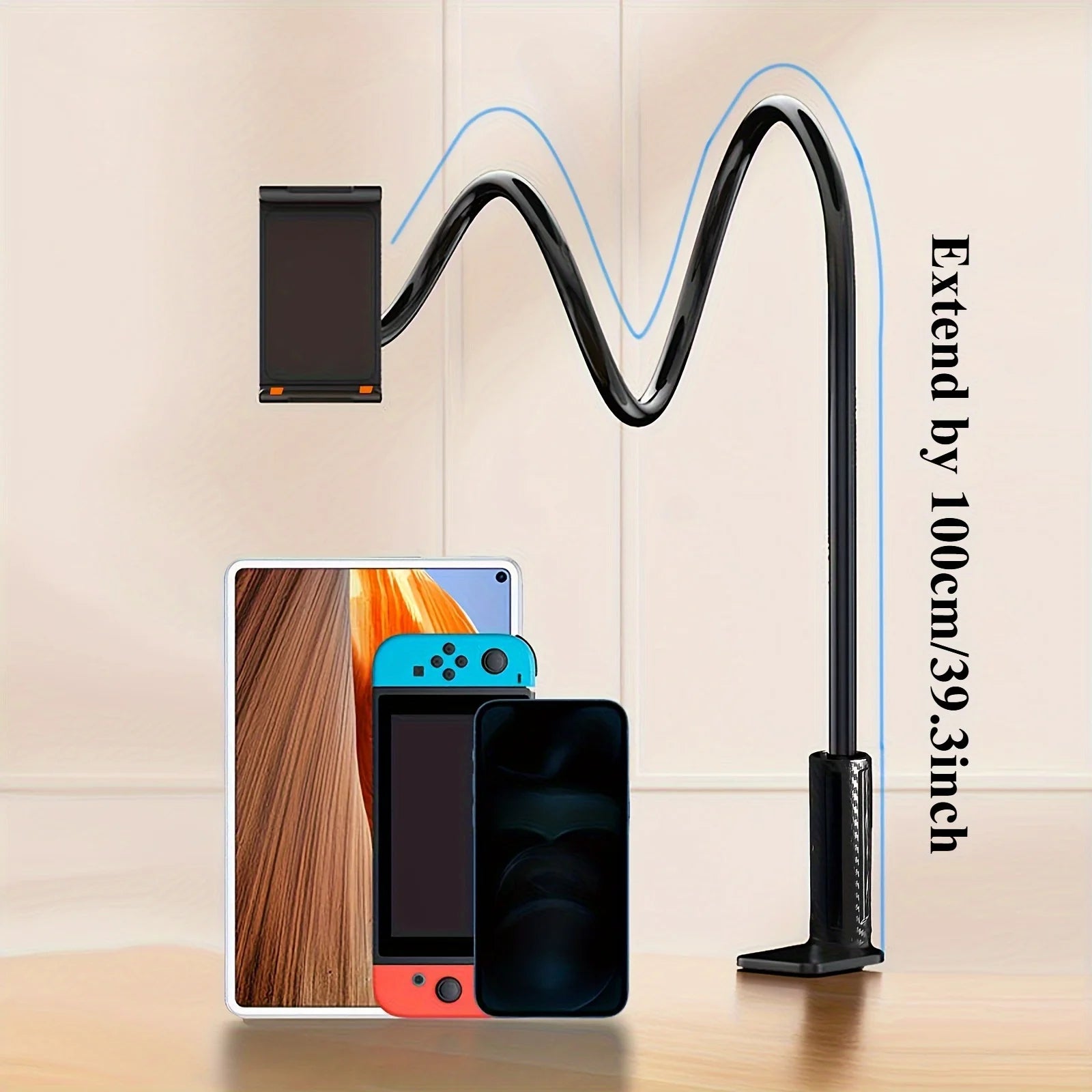 360° Rotating Tablet Phone Holder, Long Arm Spiral Base Mount for Bed Headboard Desk, Adjustable Stand Tablet Wall Mount Oasis Select Black-100cm 39.3inch
