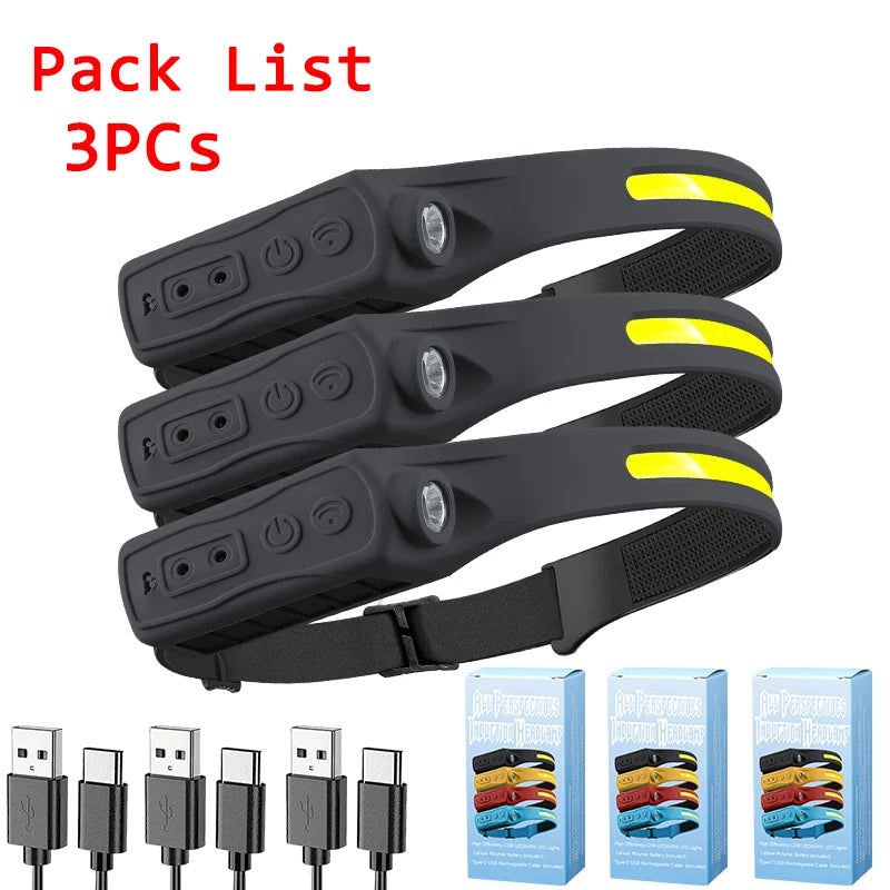 Powerful COB LED Induction Headlamp Built-in Battery USB Rechargeable Head Flashlight Outdoor Camping Fishing Riding Headlight Oasis Select Black 3PCS