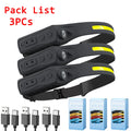 Powerful COB LED Induction Headlamp Built-in Battery USB Rechargeable Head Flashlight Outdoor Camping Fishing Riding Headlight Oasis Select Black 3PCS