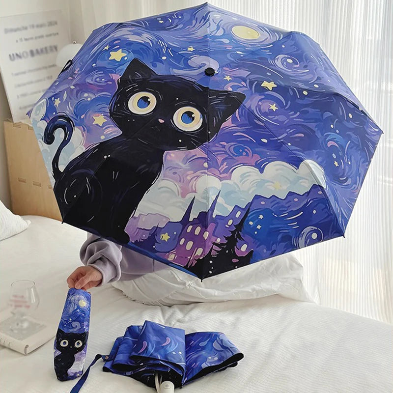 Purple Cartoon Cat Folding Umbrella Professional Sun Protection and UV Protection Umbrella Suitable for Sunny and Rainy Days. Oasis Select