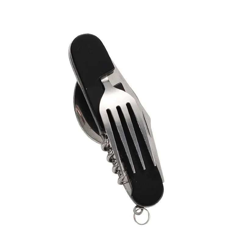 Foldable Spoon Knife Fork Bottle Tablespoon Set 4 in 1 Bottle Opener Stainless Steel Folding Pocket Kits Outdoor Camping Utensil Oasis Select Black