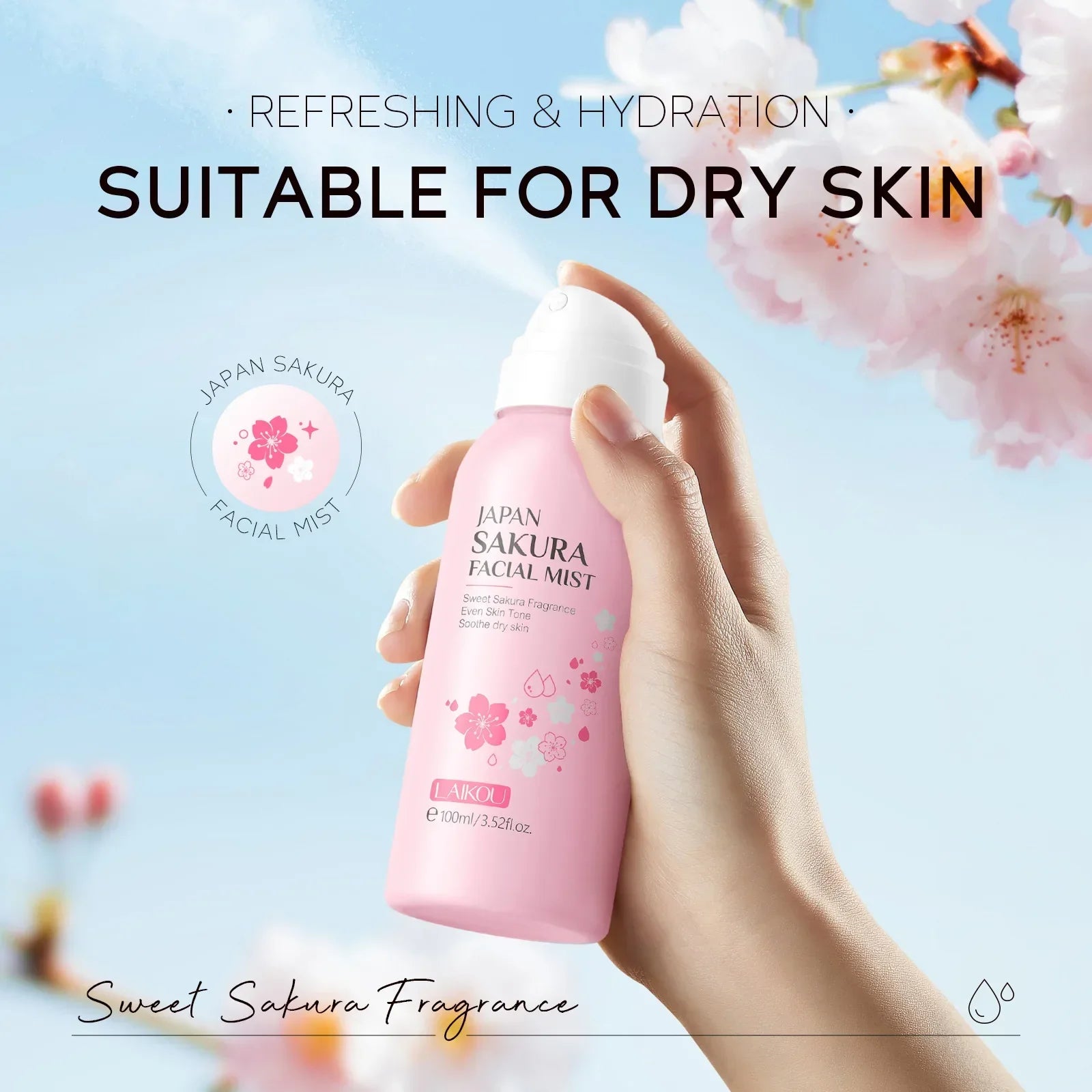 LAIKOU Sakura Toner Hydrating Moisturize Gentle Repair Brightening Skin Improve Glow Serum Toner Spray 100ml Oasis Select 100ml