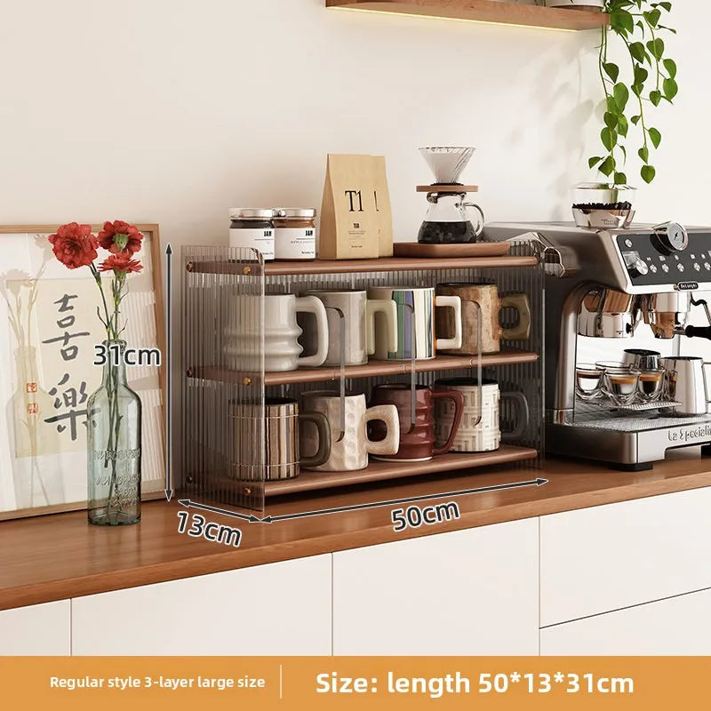 Coffee countertop cup holder, desktop rack, antique display, multi-layer acrylic solid wood water cup, kitchen storage rack Oasis Select 3 layers and 4
