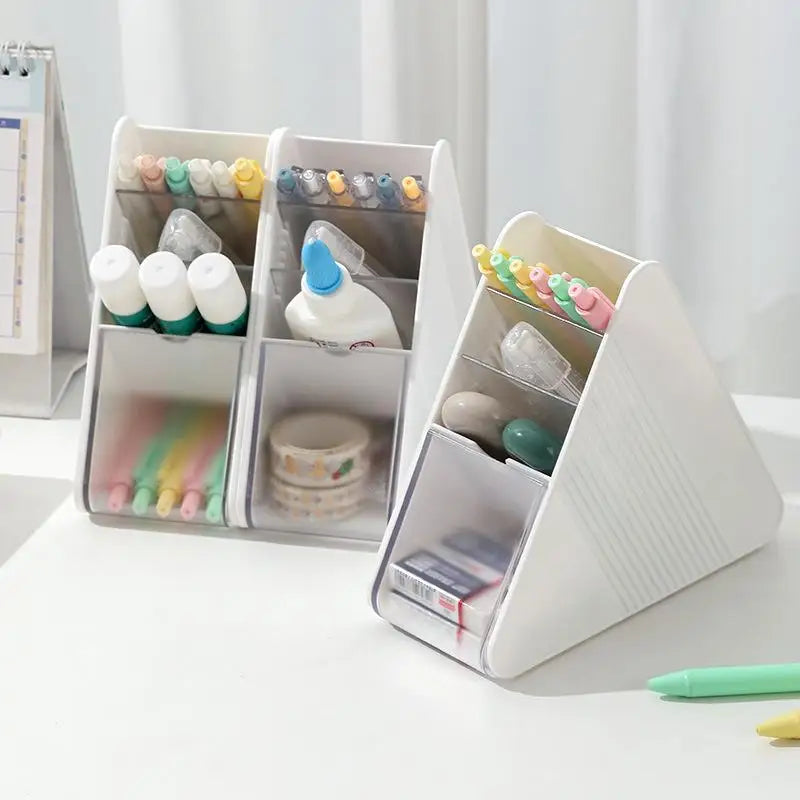Plastic Slanted Pen Holder Multi Compartments Clear Slots Heavy Duty Desktop Organizer for Home Office School Supplies Storage Oasis Select