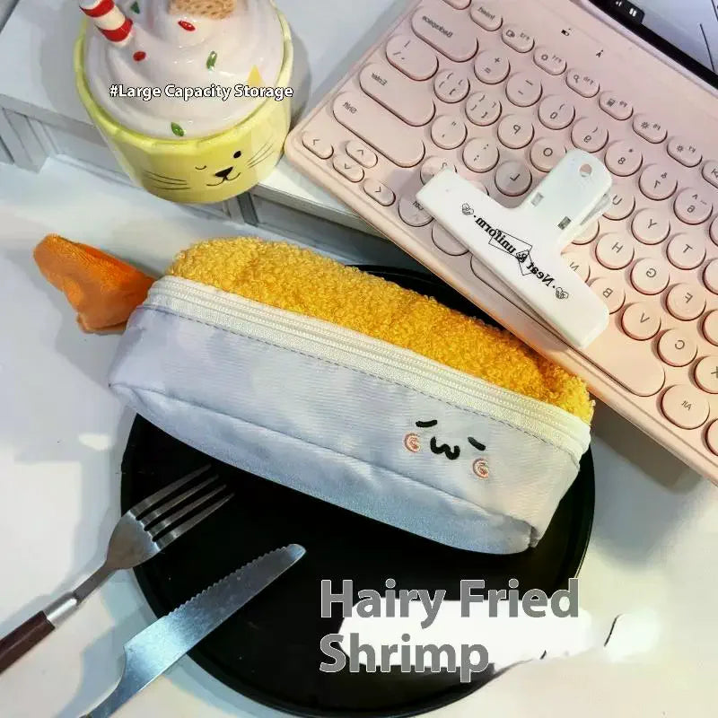 Cute Cartoon Fried Shrimp Plush Pen Bag Kawaii Large Capacity Zipper Soft Pen Case Stationery Storage Bag School Supplies Oasis Select