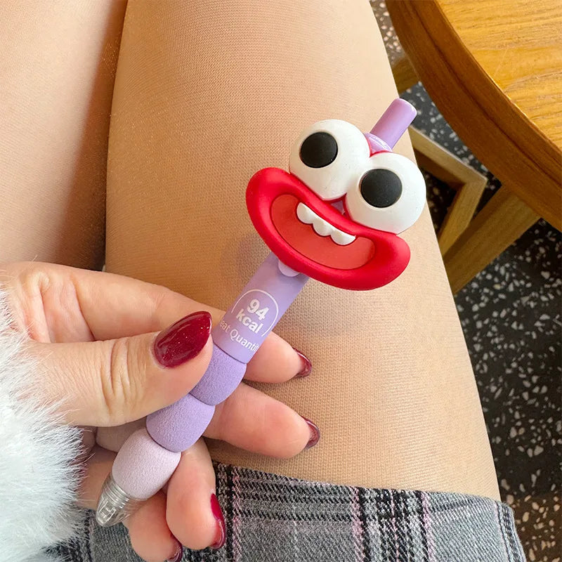 4pcs Cute big-eyed monster gel pen, black needle pen 0.5mm, exam signature pen, suitable for student office supplies Oasis Select PURPLE black