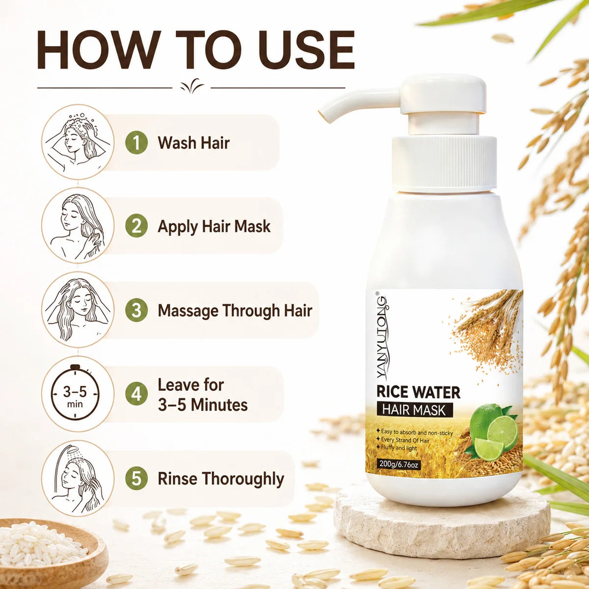 Rice and water hydrating and nourishing hair mask to quickly repair damaged, frizzy hair, making it soft, smooth, and brightenin Oasis Select