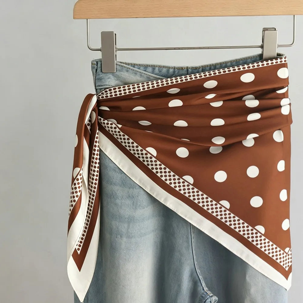 New Multi-functional Polka Dot Triangle Scarf Matching Pants Silk Satin Waist Belt Decorative Headscarf Oasis Select Style1-Brown