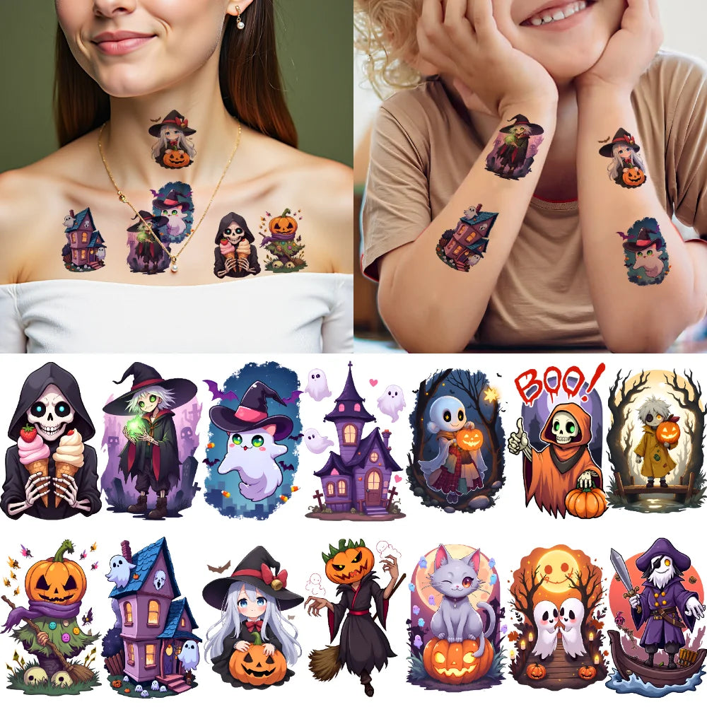 63-Piece Halloween Temporary Tattoos – Waterproof Skull & Witch