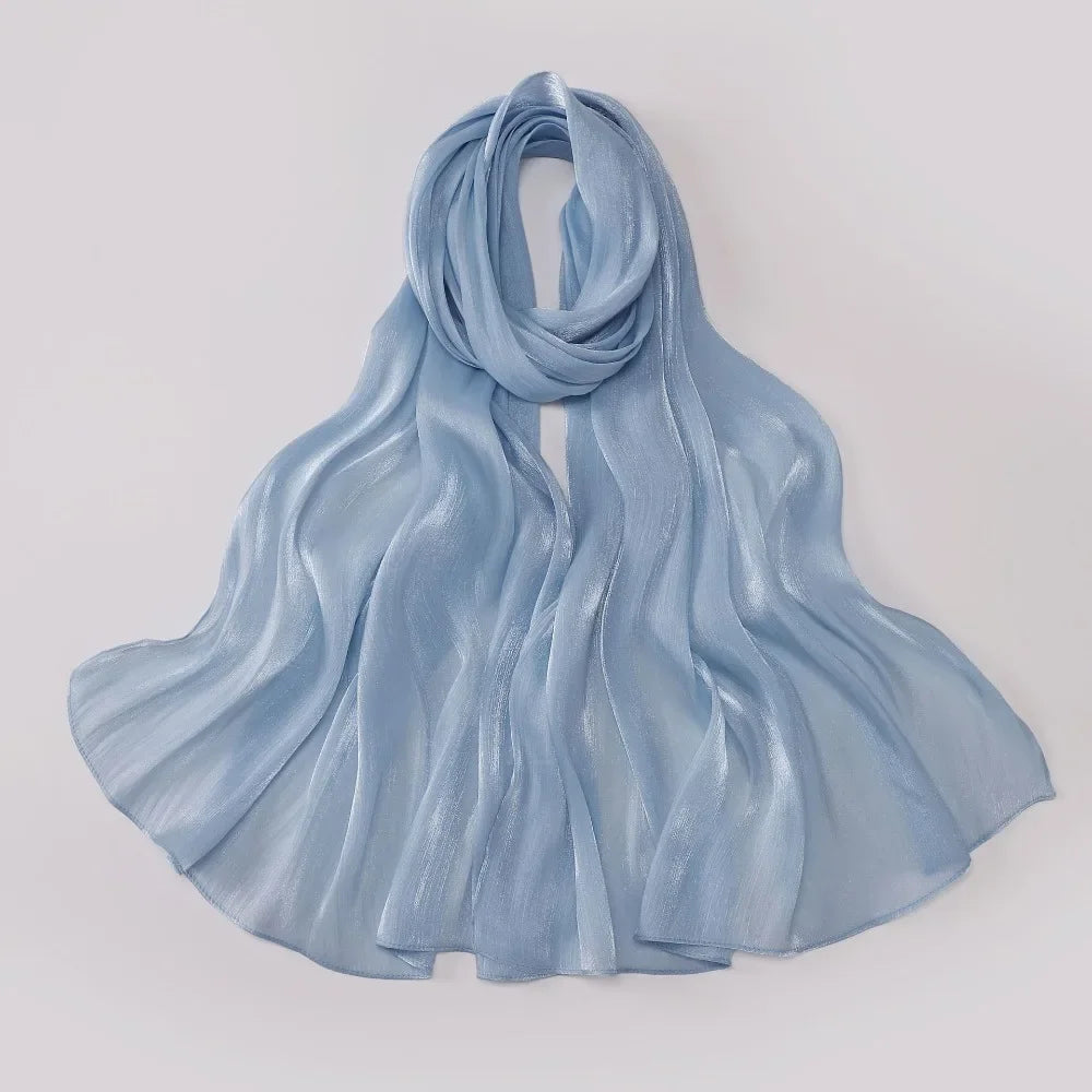Fashion Solid Color Silk Scarf Chiffon Shining Chiffon Hijab Veil Soft Long Sunscreen shawl Outdoor Oasis Select E