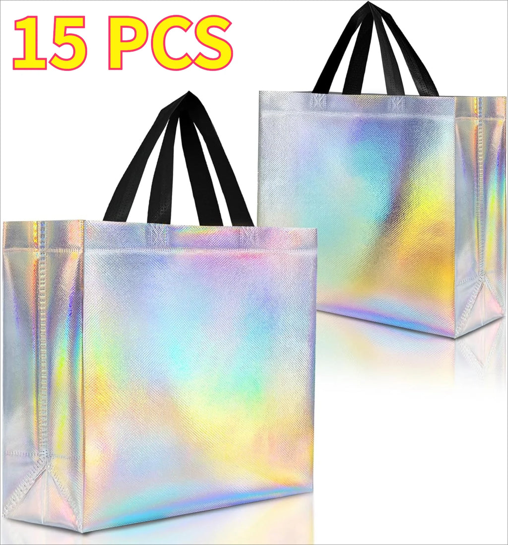 5/10/15 PCS Iridescent Gift Bags with Handles Glossy Shimmer Reusable Tote Stand Up Base for Wedding Birthday Party Favors Oasis Select 15pcs 32x27x10cm