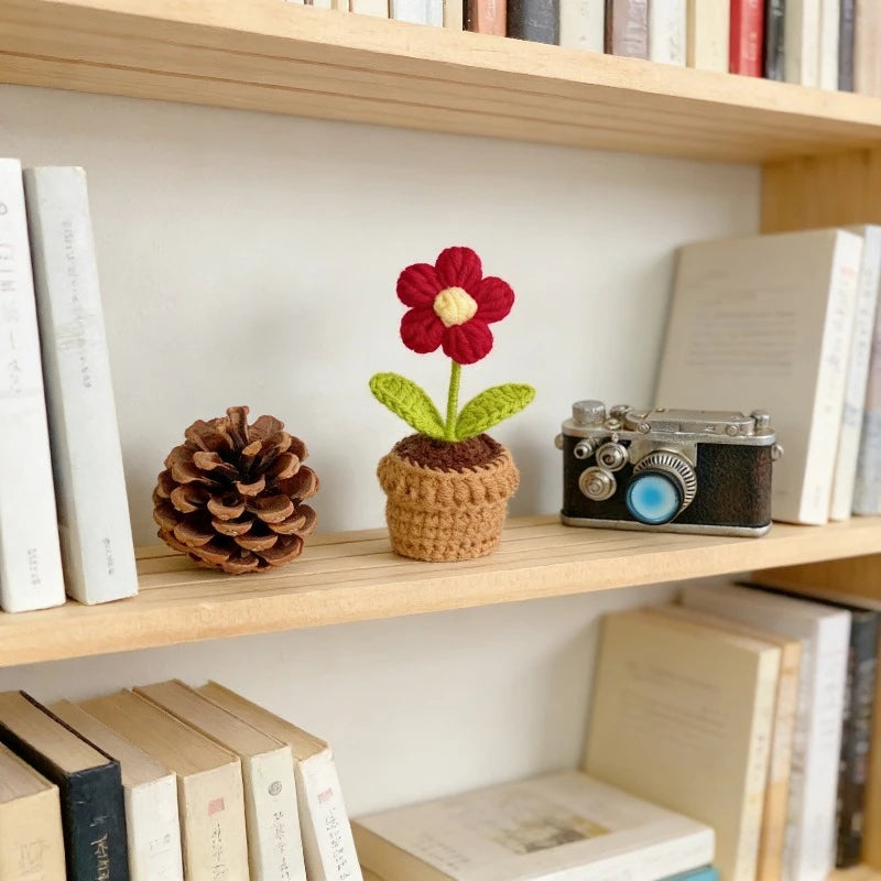 Handmade Knitted Flower Pot Red Heart Shaped Knit Imitation Potted Plant for Mother's Day Gifts Home Desktop Decor Oasis Select